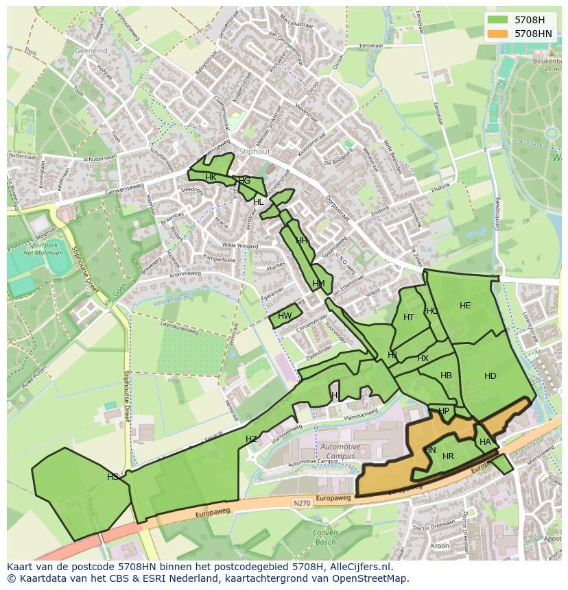 Afbeelding van het postcodegebied 5708 HN op de kaart.
