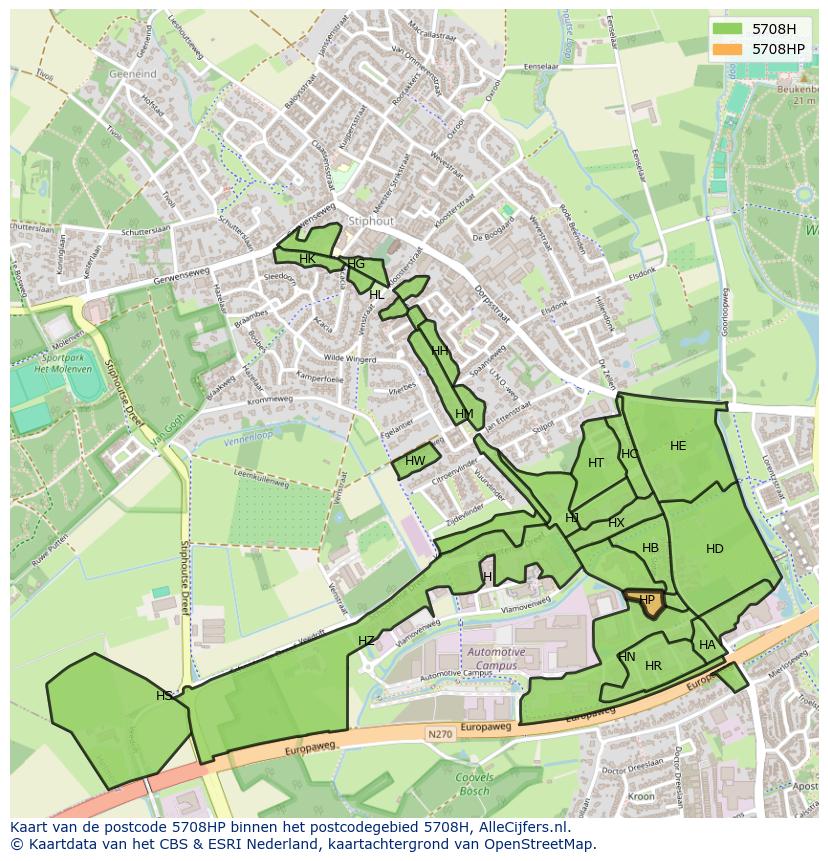 Afbeelding van het postcodegebied 5708 HP op de kaart.