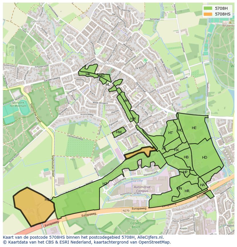 Afbeelding van het postcodegebied 5708 HS op de kaart.