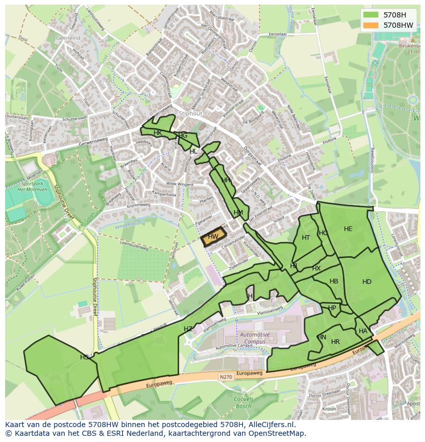 Afbeelding van het postcodegebied 5708 HW op de kaart.