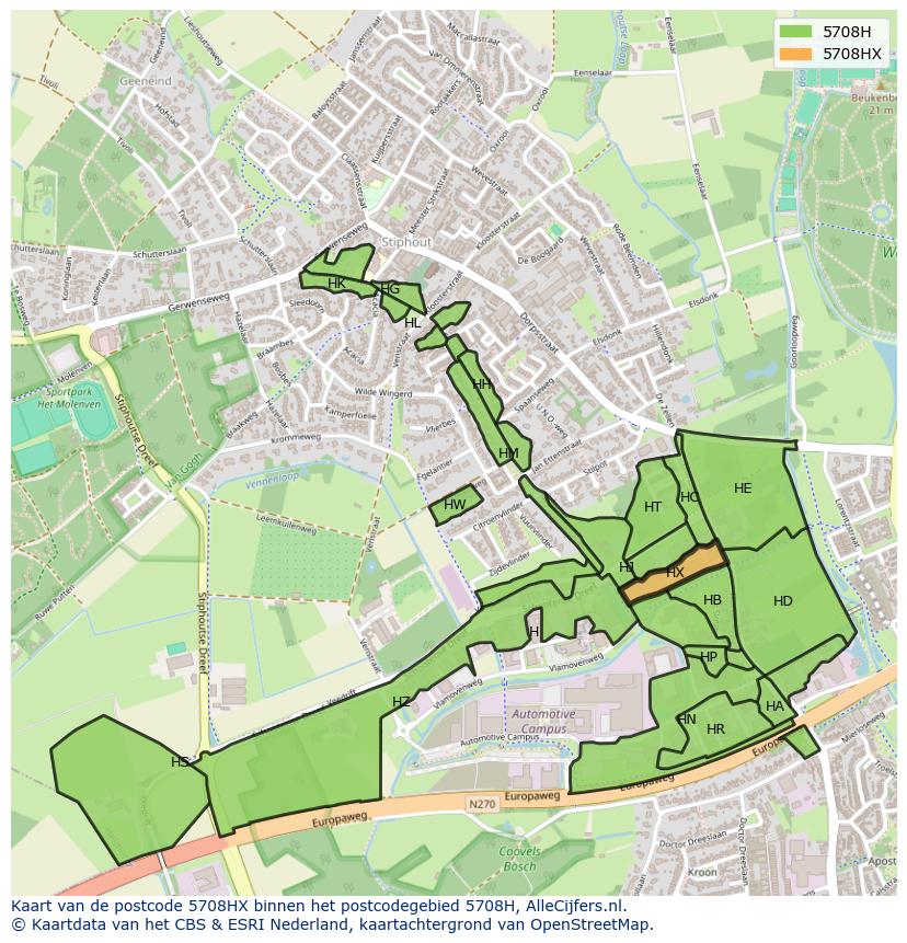Afbeelding van het postcodegebied 5708 HX op de kaart.