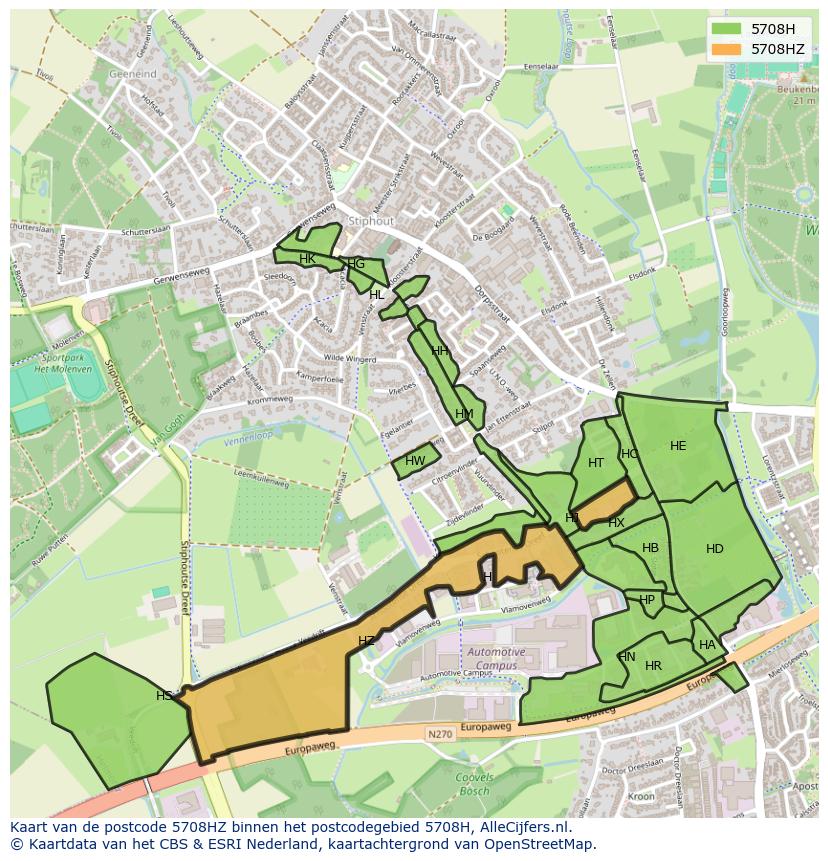 Afbeelding van het postcodegebied 5708 HZ op de kaart.