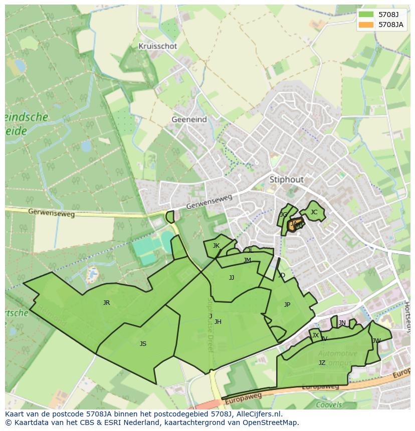 Afbeelding van het postcodegebied 5708 JA op de kaart.