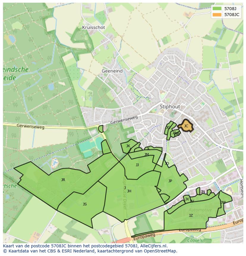 Afbeelding van het postcodegebied 5708 JC op de kaart.
