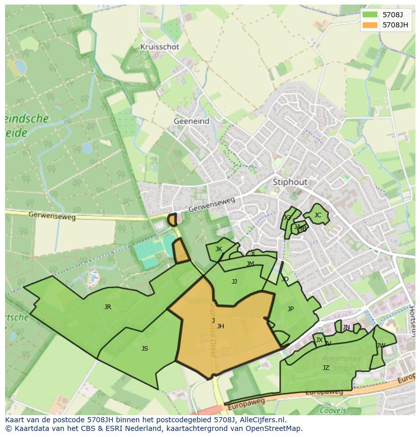 Afbeelding van het postcodegebied 5708 JH op de kaart.