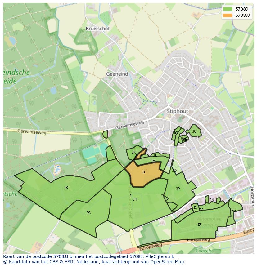 Afbeelding van het postcodegebied 5708 JJ op de kaart.