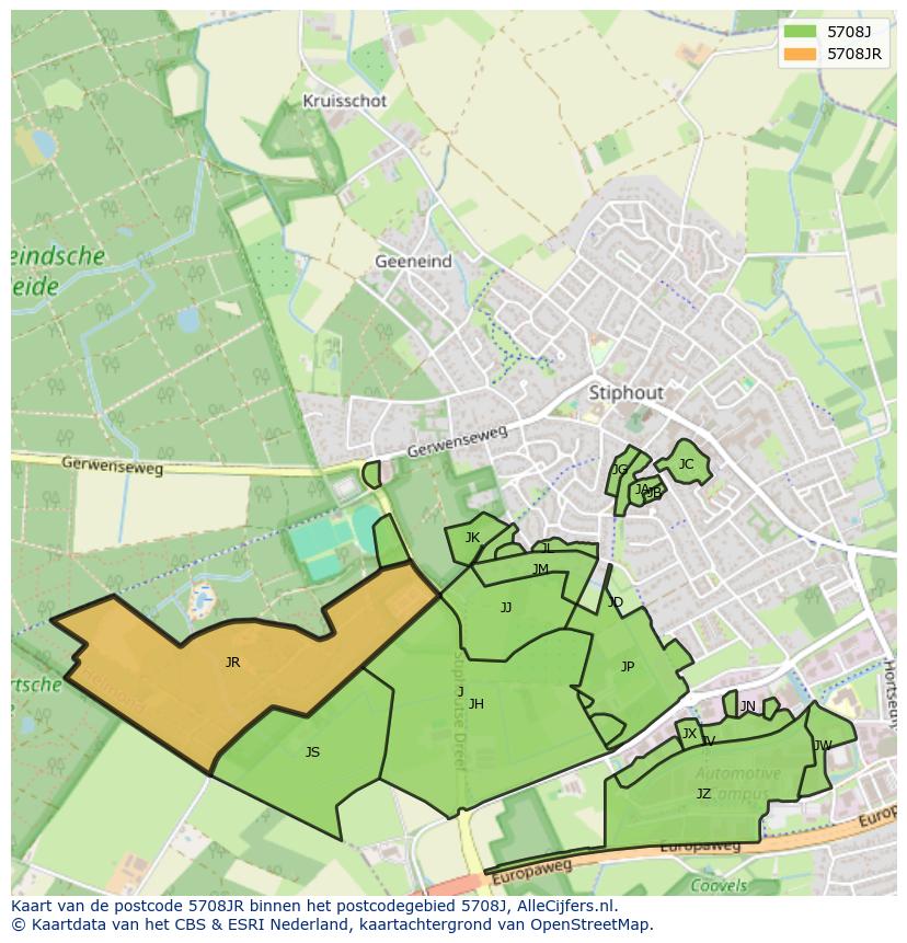 Afbeelding van het postcodegebied 5708 JR op de kaart.