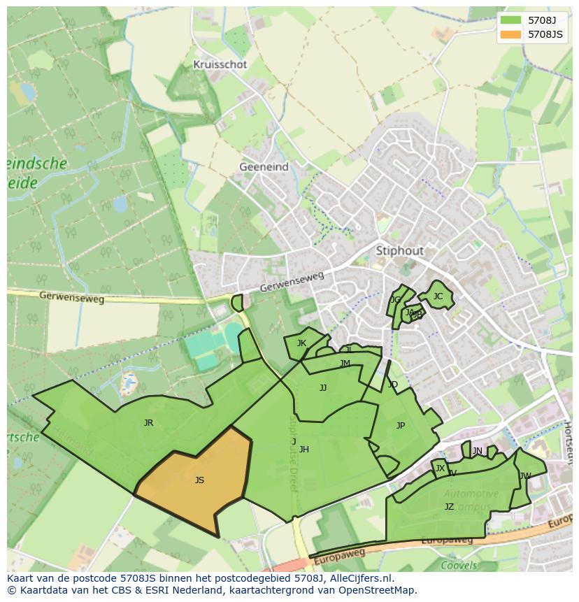 Afbeelding van het postcodegebied 5708 JS op de kaart.