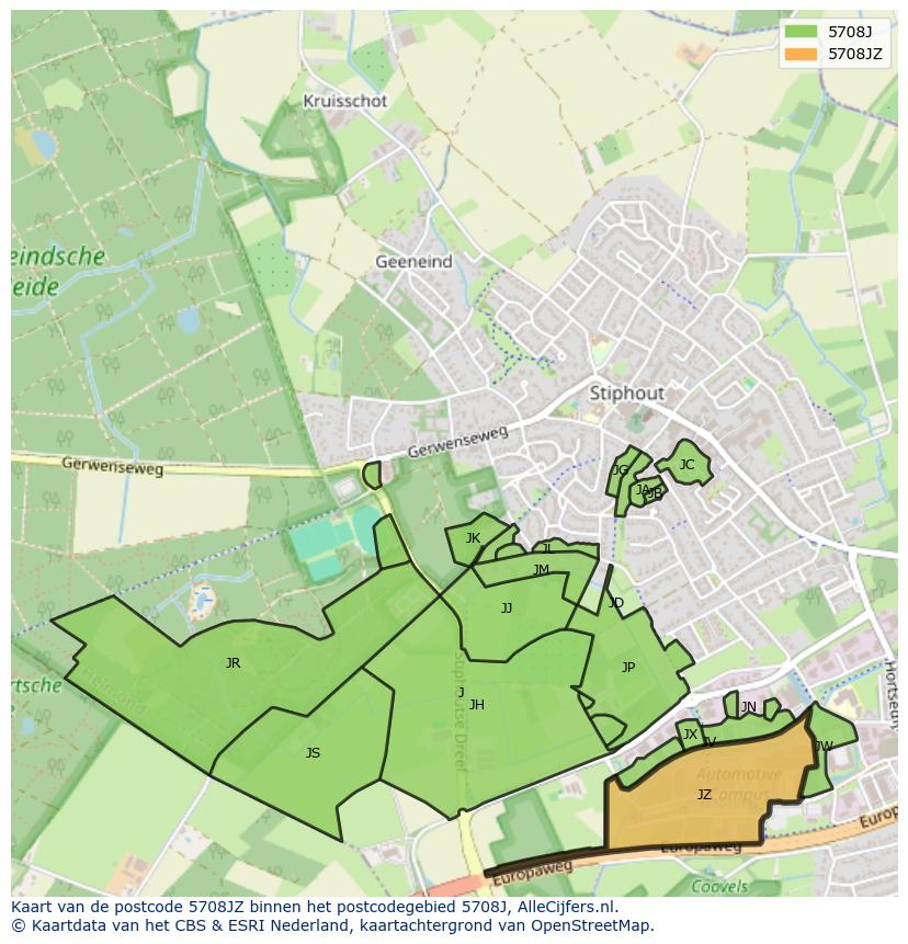Afbeelding van het postcodegebied 5708 JZ op de kaart.