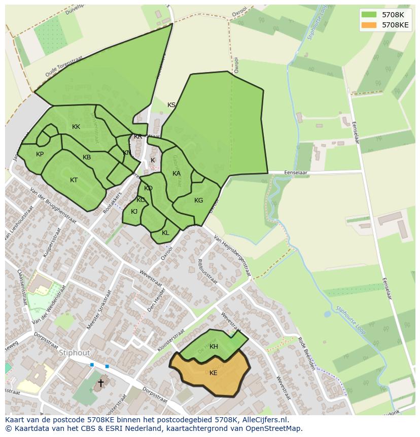 Afbeelding van het postcodegebied 5708 KE op de kaart.