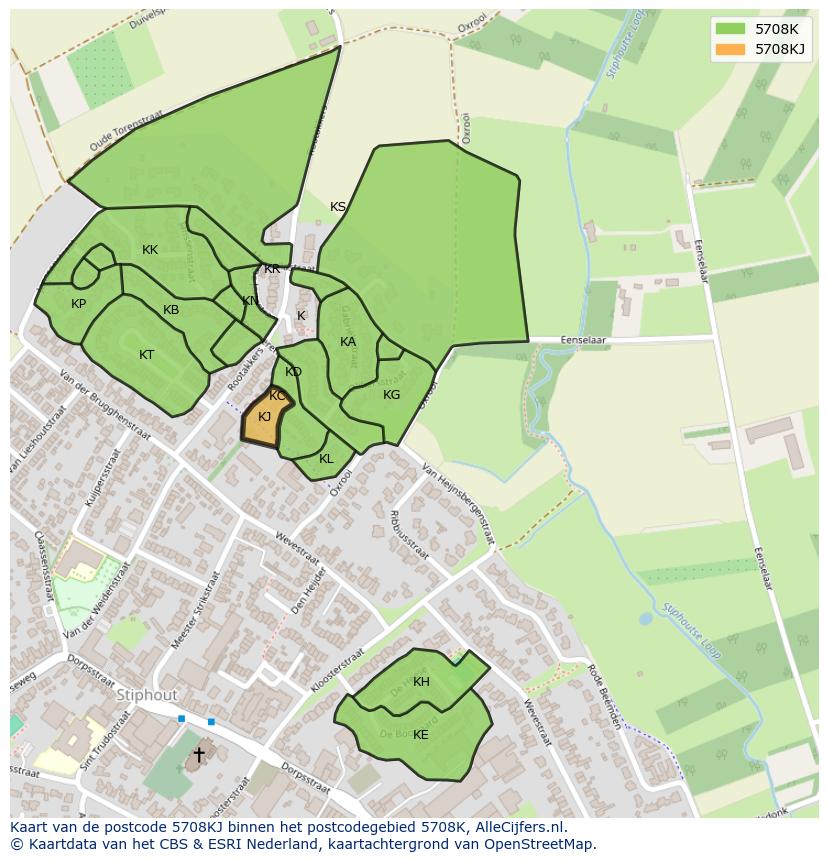 Afbeelding van het postcodegebied 5708 KJ op de kaart.