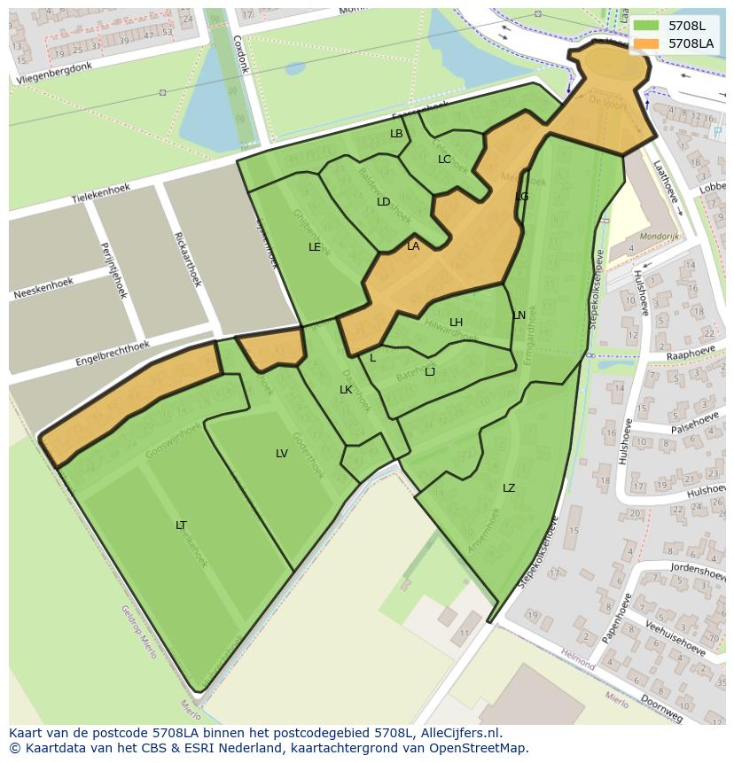 Afbeelding van het postcodegebied 5708 LA op de kaart.