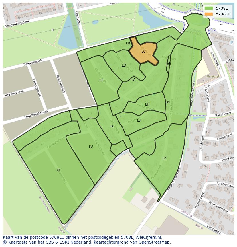 Afbeelding van het postcodegebied 5708 LC op de kaart.