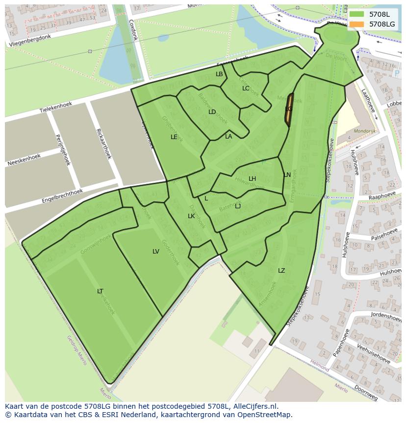 Afbeelding van het postcodegebied 5708 LG op de kaart.