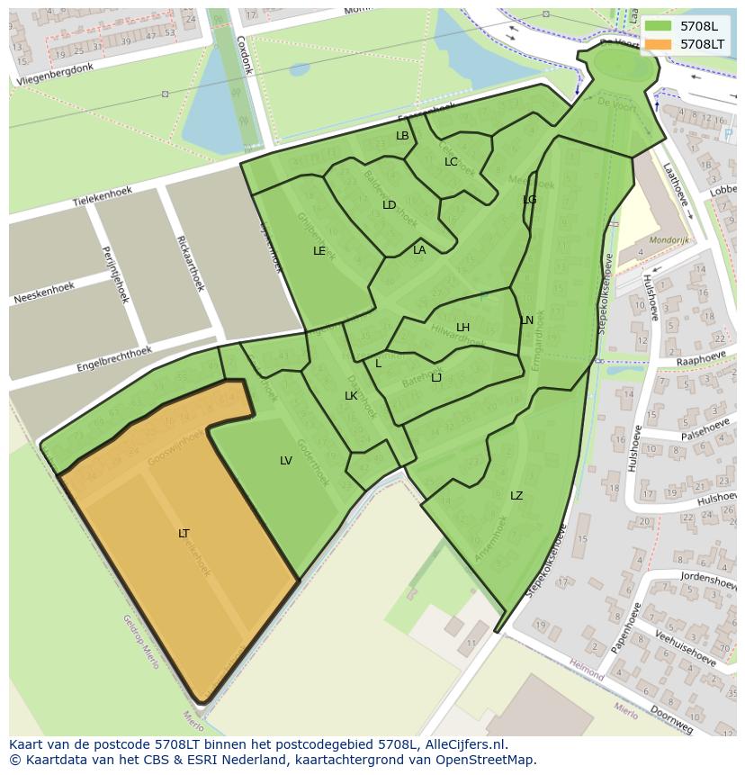 Afbeelding van het postcodegebied 5708 LT op de kaart.
