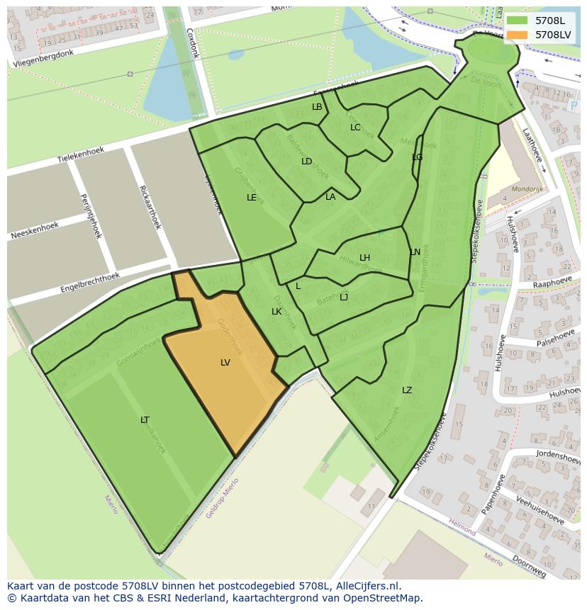 Afbeelding van het postcodegebied 5708 LV op de kaart.