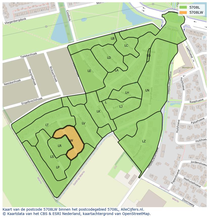 Afbeelding van het postcodegebied 5708 LW op de kaart.