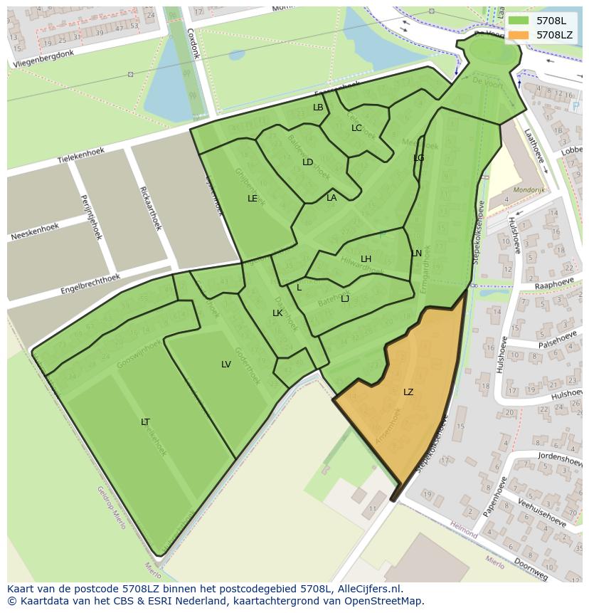 Afbeelding van het postcodegebied 5708 LZ op de kaart.