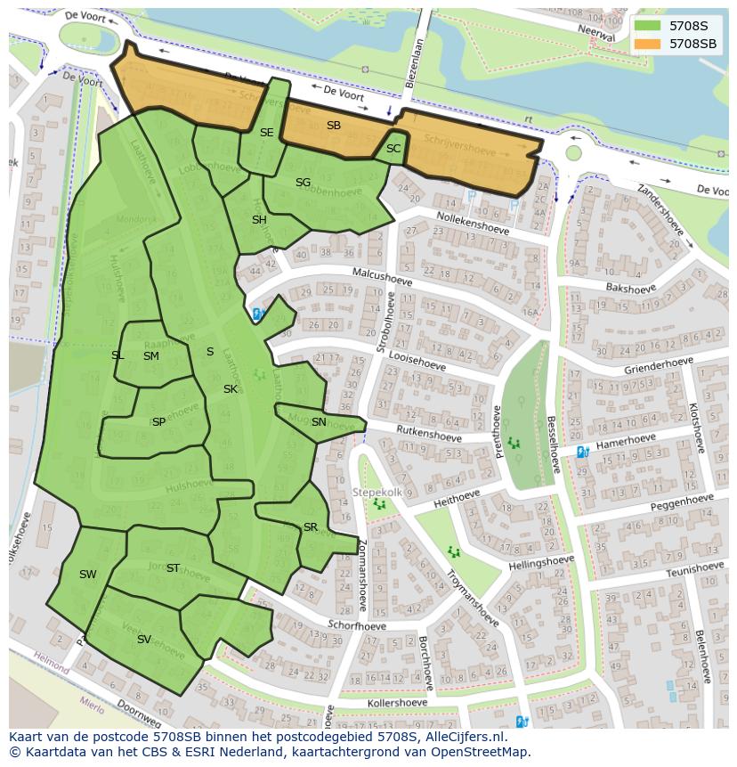 Afbeelding van het postcodegebied 5708 SB op de kaart.