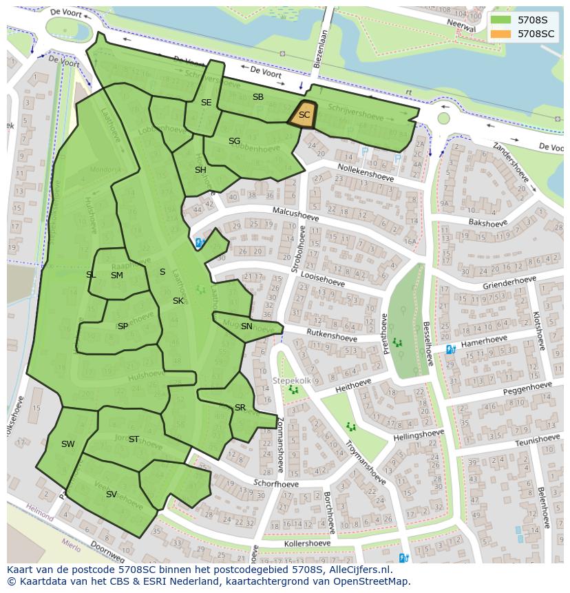 Afbeelding van het postcodegebied 5708 SC op de kaart.