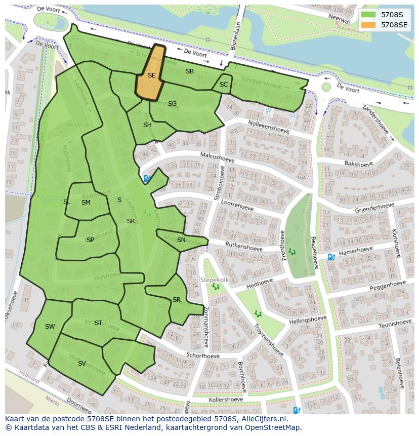 Afbeelding van het postcodegebied 5708 SE op de kaart.