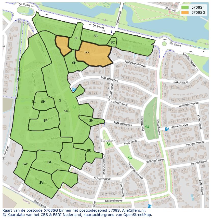Afbeelding van het postcodegebied 5708 SG op de kaart.