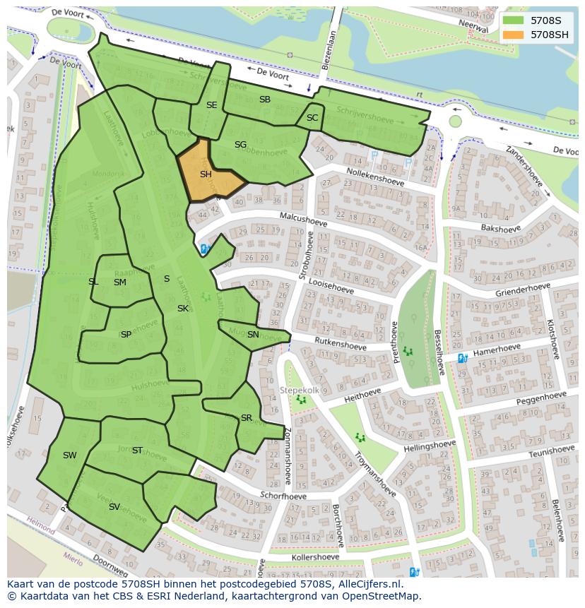 Afbeelding van het postcodegebied 5708 SH op de kaart.