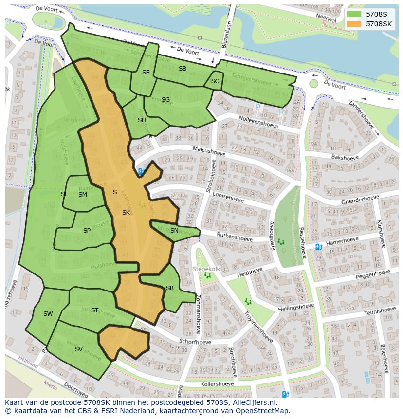 Afbeelding van het postcodegebied 5708 SK op de kaart.