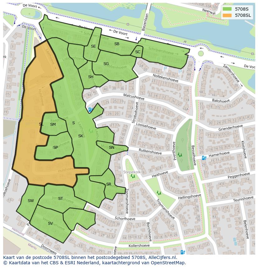 Afbeelding van het postcodegebied 5708 SL op de kaart.