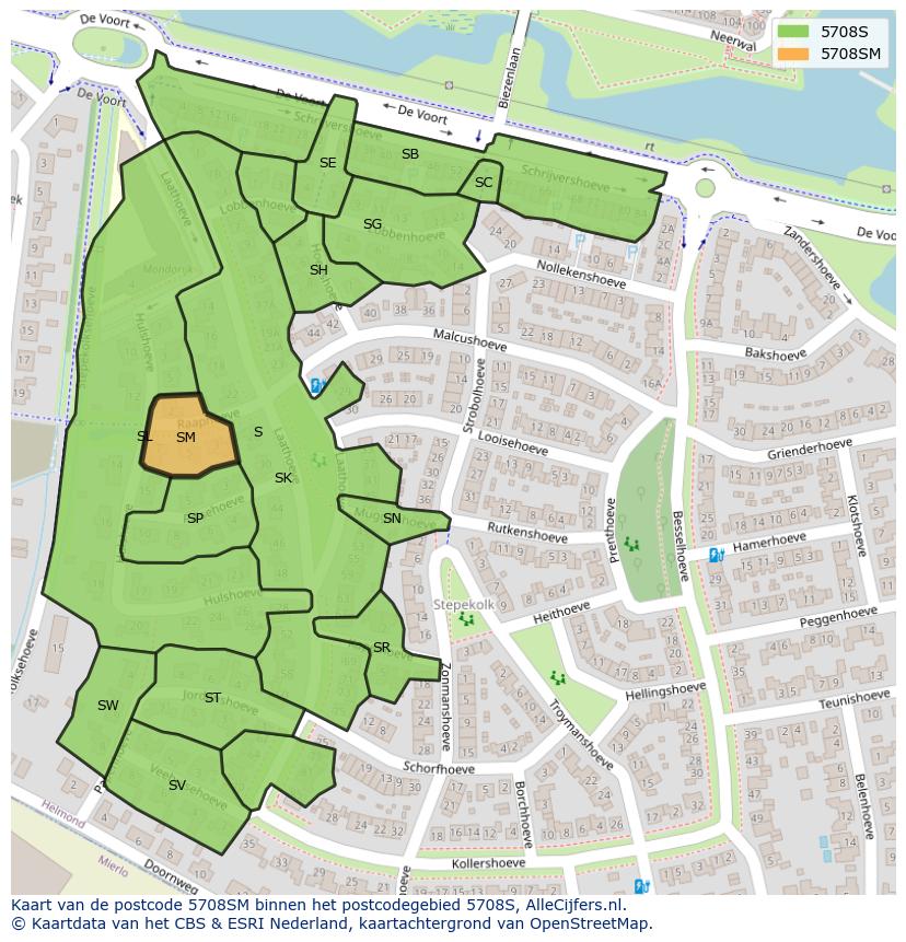 Afbeelding van het postcodegebied 5708 SM op de kaart.
