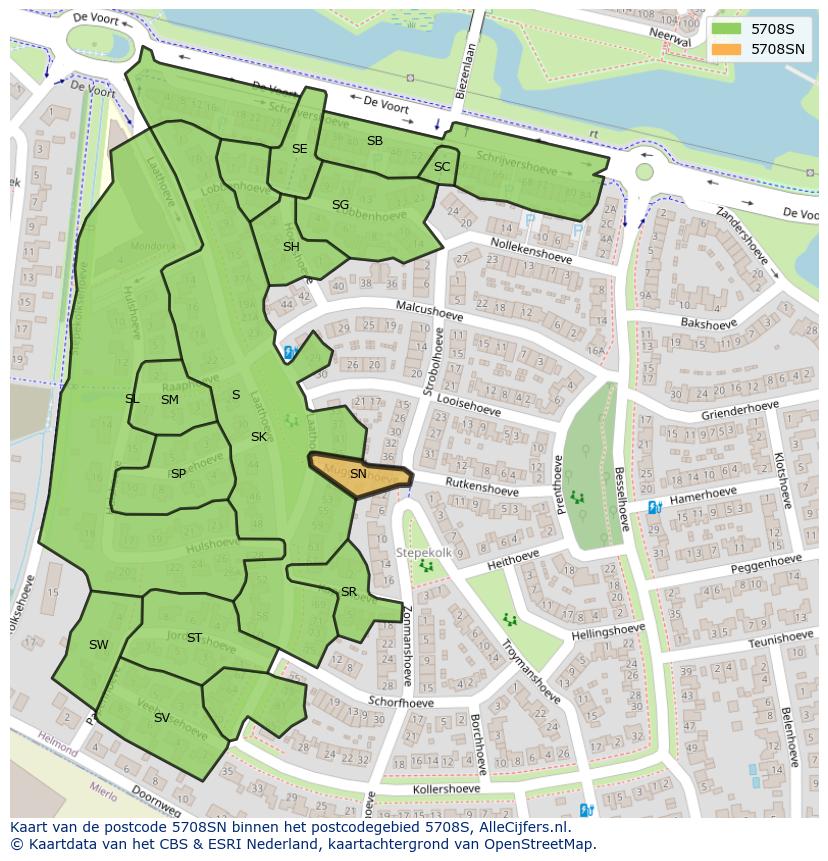 Afbeelding van het postcodegebied 5708 SN op de kaart.
