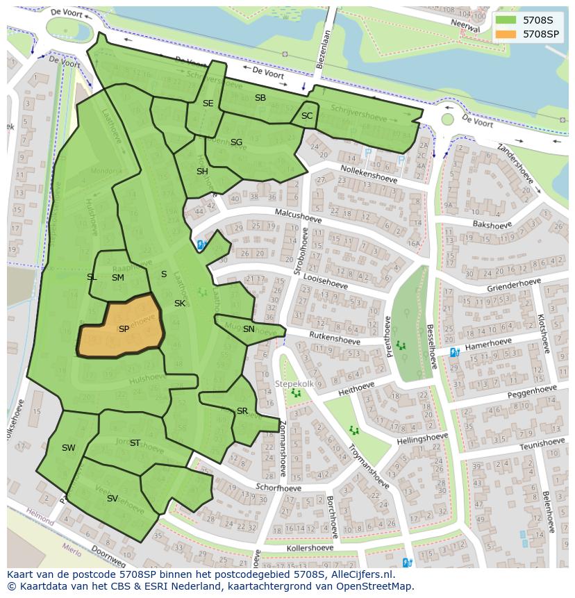 Afbeelding van het postcodegebied 5708 SP op de kaart.