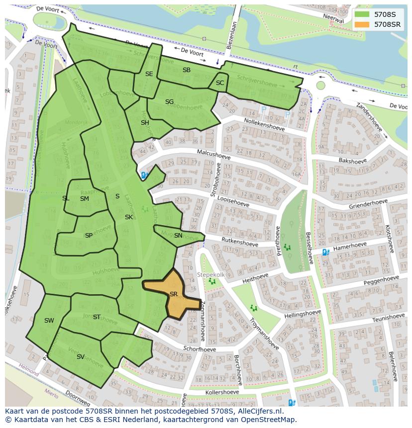 Afbeelding van het postcodegebied 5708 SR op de kaart.