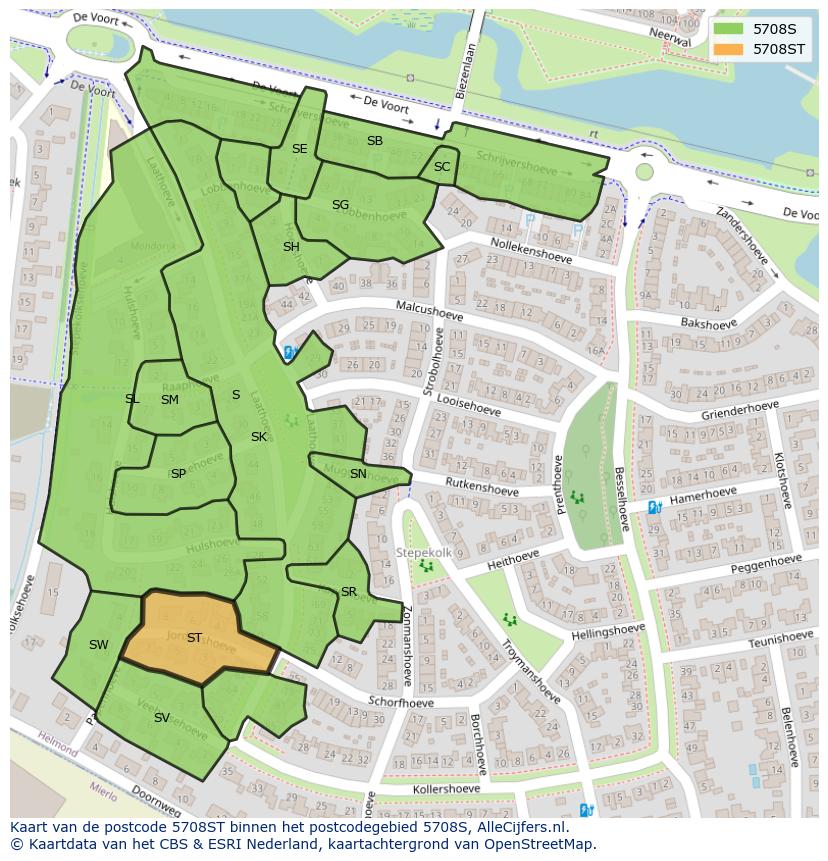 Afbeelding van het postcodegebied 5708 ST op de kaart.