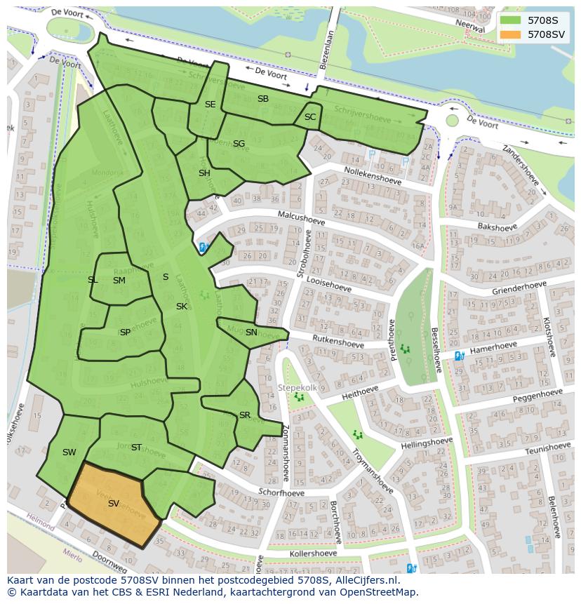 Afbeelding van het postcodegebied 5708 SV op de kaart.