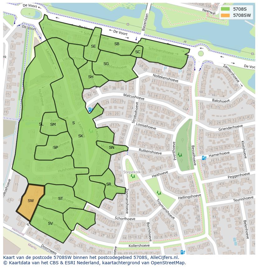 Afbeelding van het postcodegebied 5708 SW op de kaart.