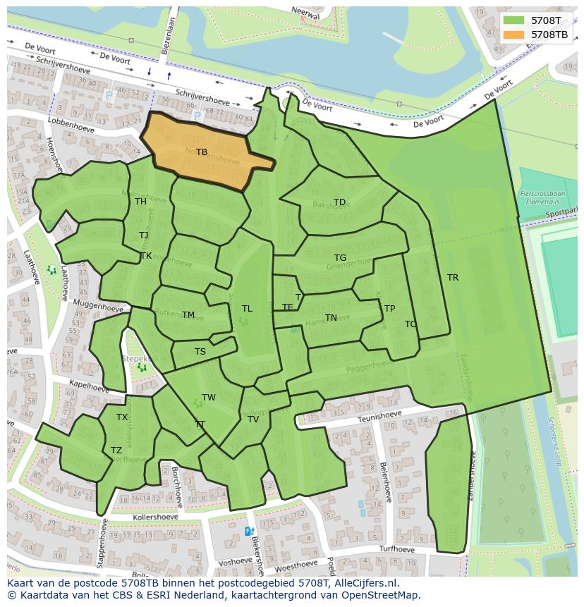 Afbeelding van het postcodegebied 5708 TB op de kaart.