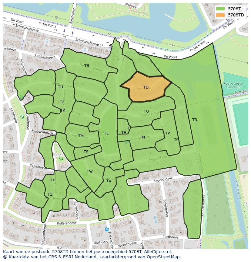 Afbeelding van het postcodegebied 5708 TD op de kaart.