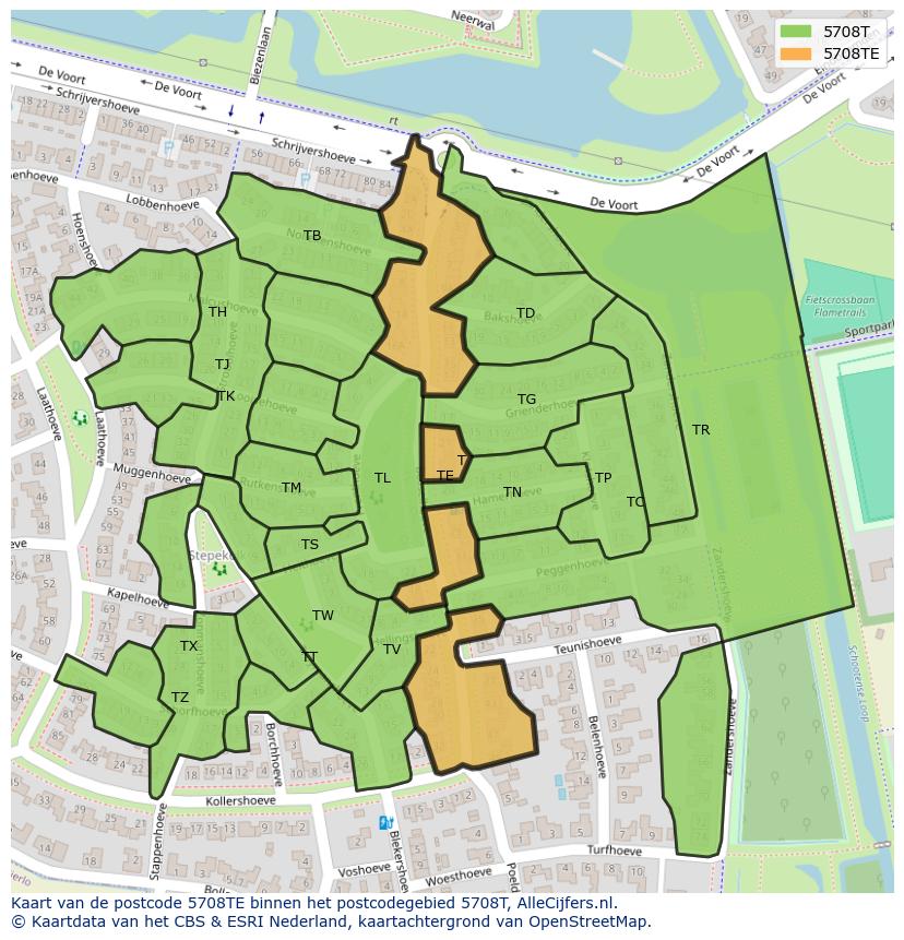 Afbeelding van het postcodegebied 5708 TE op de kaart.