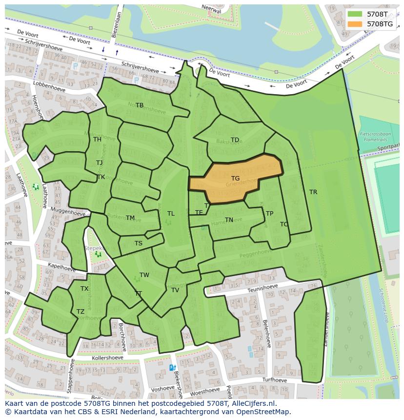 Afbeelding van het postcodegebied 5708 TG op de kaart.