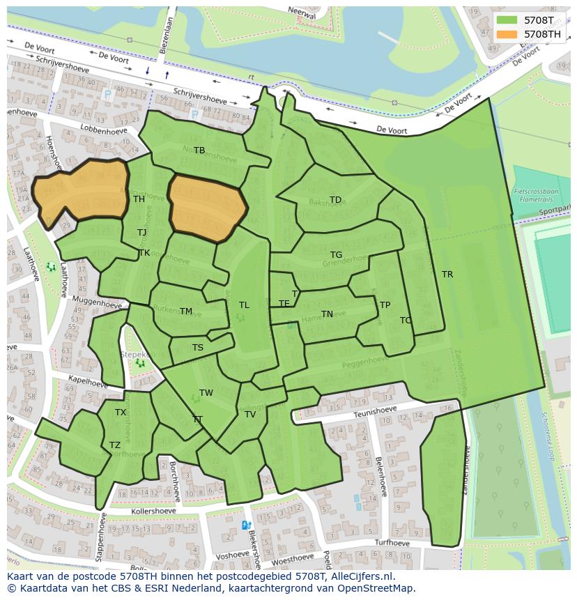 Afbeelding van het postcodegebied 5708 TH op de kaart.