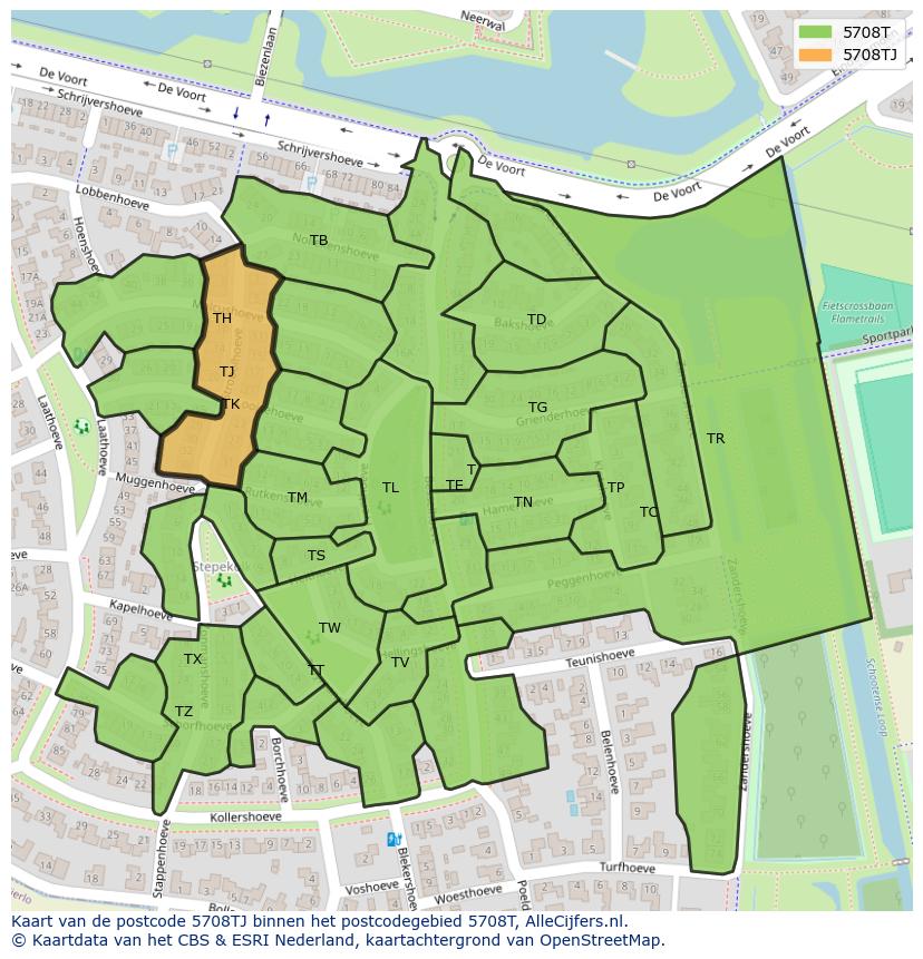 Afbeelding van het postcodegebied 5708 TJ op de kaart.