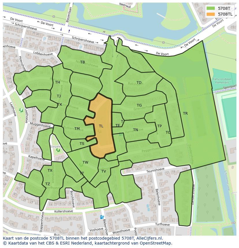 Afbeelding van het postcodegebied 5708 TL op de kaart.