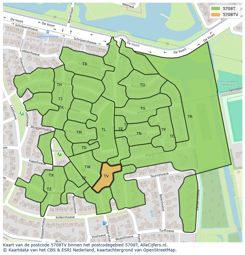 Afbeelding van het postcodegebied 5708 TV op de kaart.