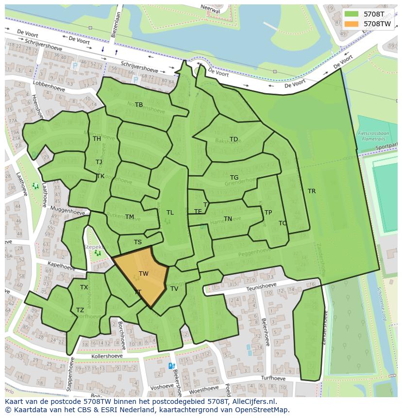 Afbeelding van het postcodegebied 5708 TW op de kaart.