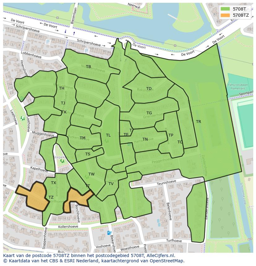 Afbeelding van het postcodegebied 5708 TZ op de kaart.