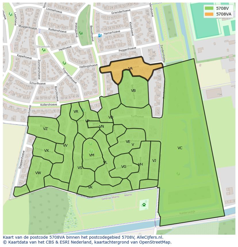Afbeelding van het postcodegebied 5708 VA op de kaart.
