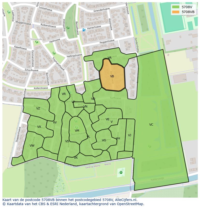 Afbeelding van het postcodegebied 5708 VB op de kaart.