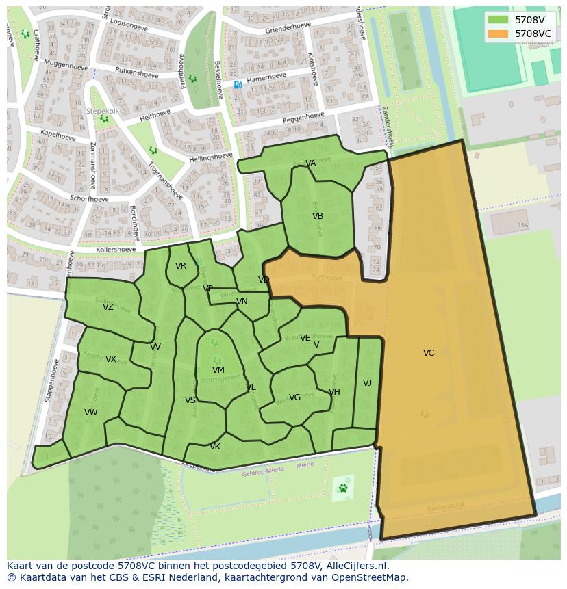Afbeelding van het postcodegebied 5708 VC op de kaart.