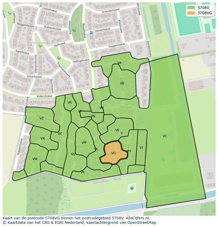 Afbeelding van het postcodegebied 5708 VG op de kaart.